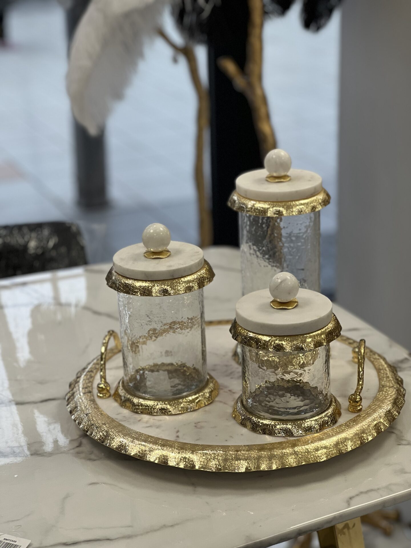 Lot de 3 boîtes en verre avec couvercle en marbre et or – Image 1