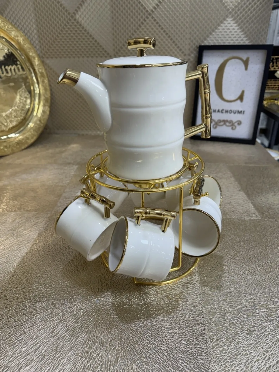 Set café ou thé 8 pièces porcelaine blanc doré – Image 1