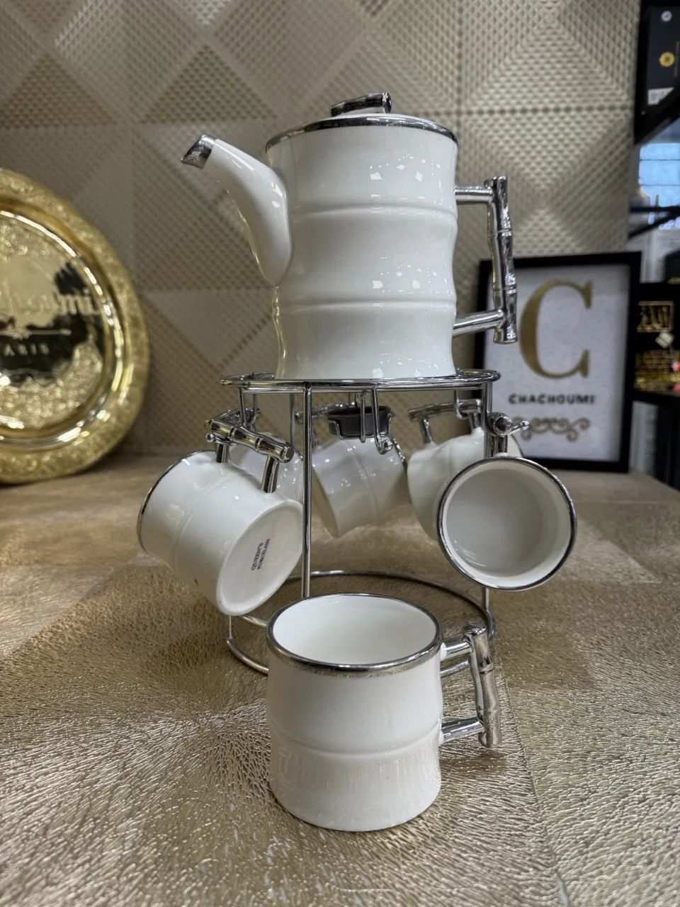 Set café ou thé 8 pièces porcelaine blanc argenté – Image 2