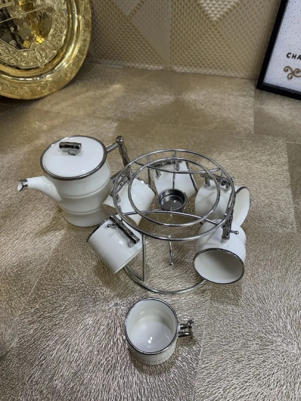 Set café ou thé 8 pièces porcelaine blanc argenté – Image 3