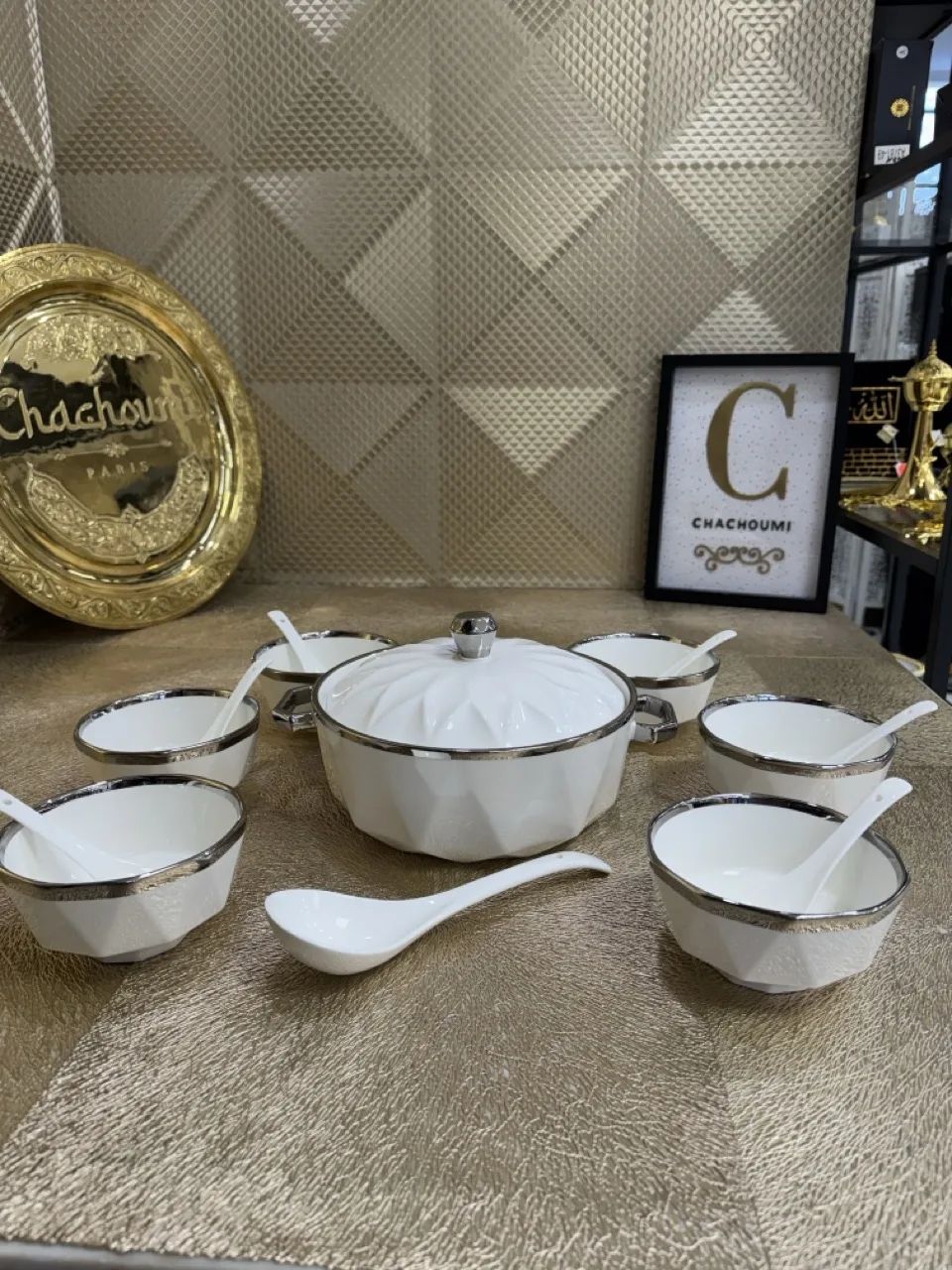 Set soupière 15 pièces porcelaine blanc argenté – Image 1