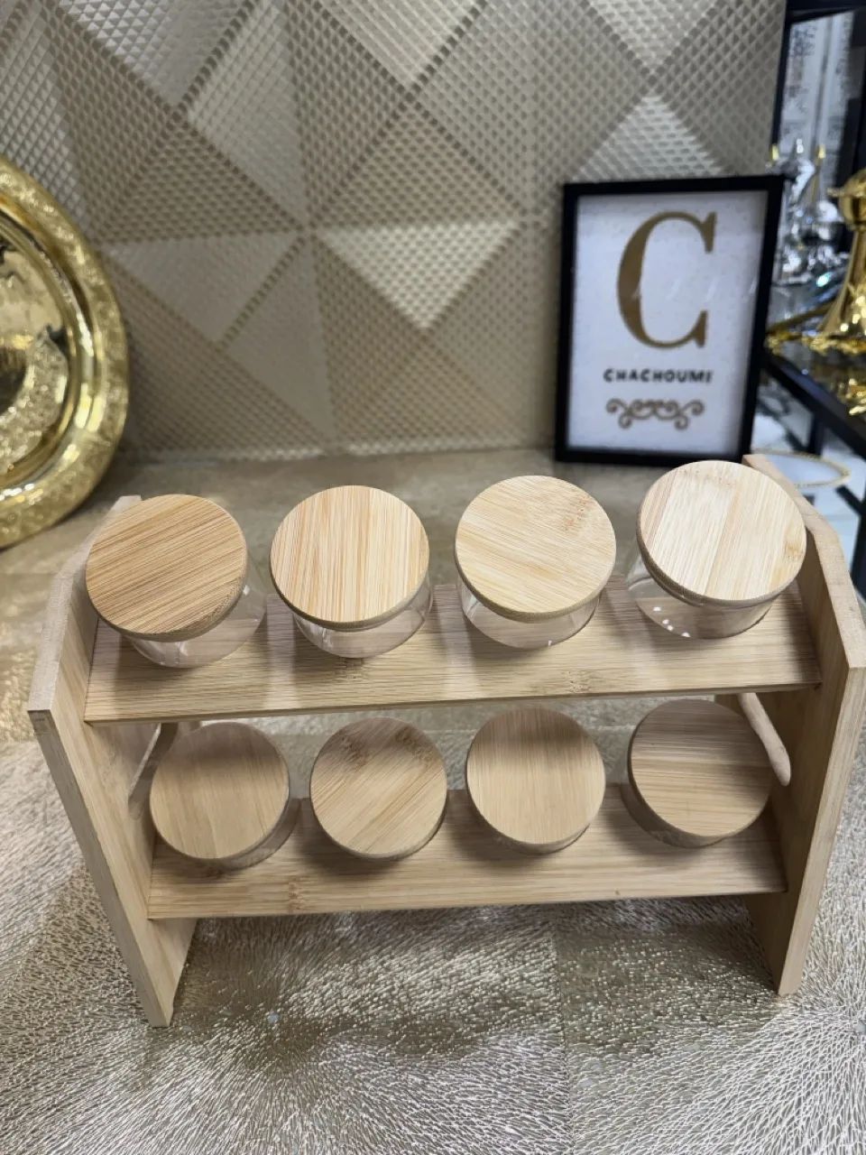 Set support 8 bocaux epices en verre et bois – Image 1
