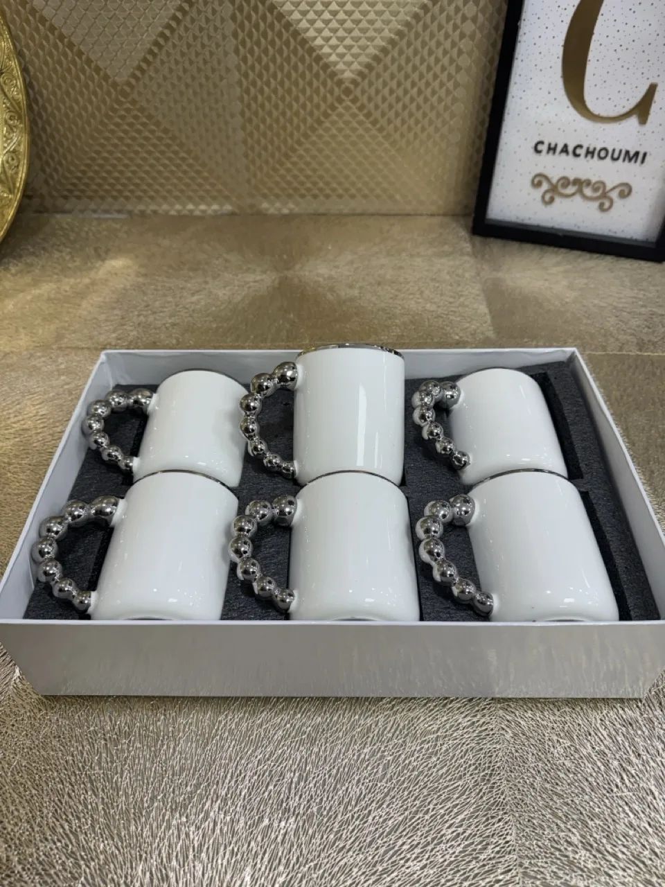 Set 6 mugs porcelaine blanc argenté simple – Image 1