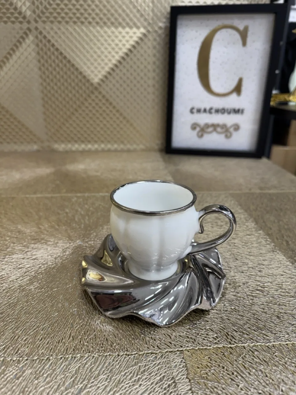 Set 6 tasses et 6 sous tasses vagues argenté porcelaine – Image 1