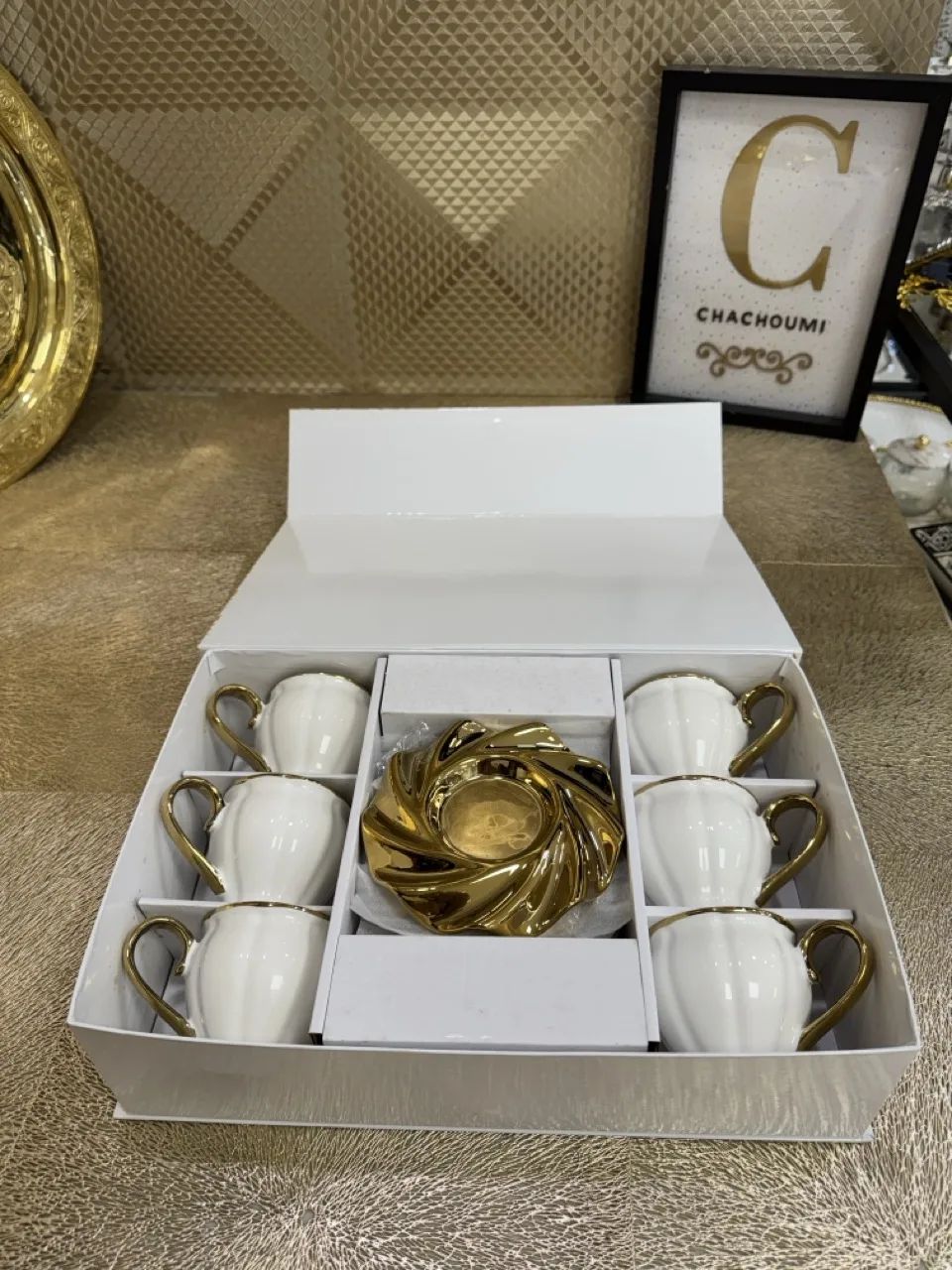 Set 6 tasses et 6 sous tasses vagues doré porcelaine – Image 2