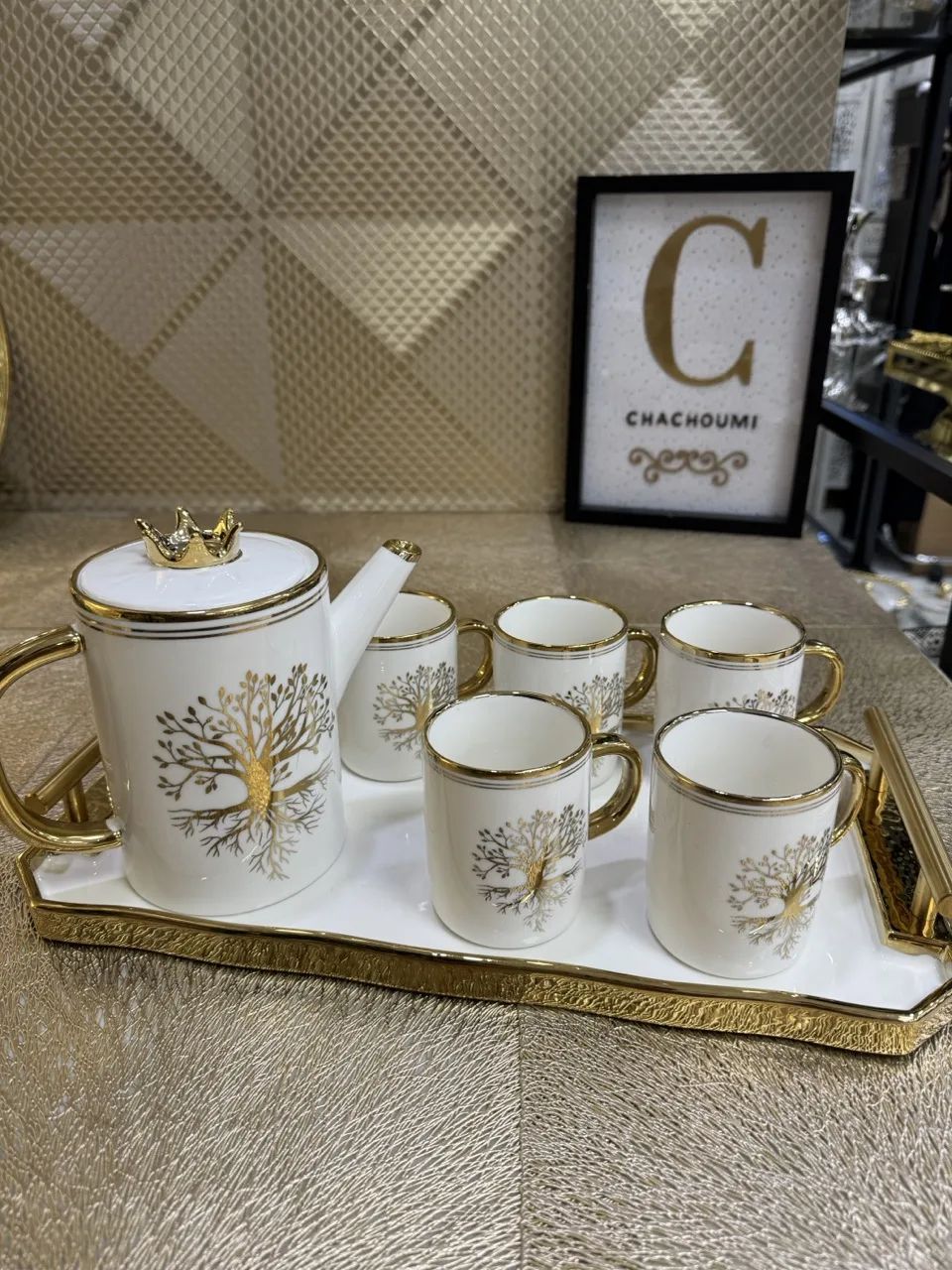 Service café ou thé porcelaine blanc doré "arbre" – Image 1