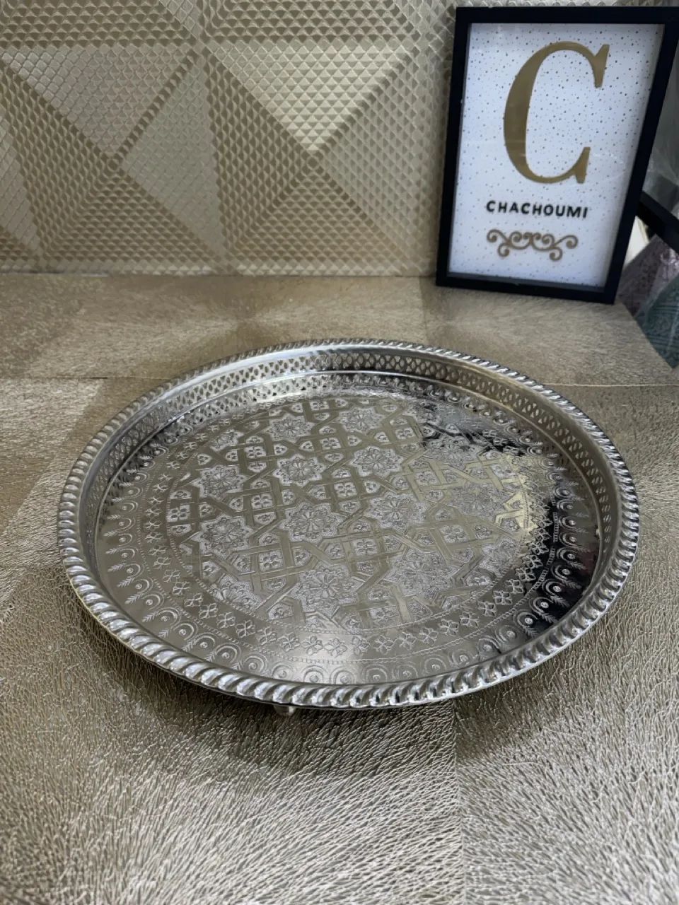 Plateau marocain argenté cuivre grand 42 cm – Image 1