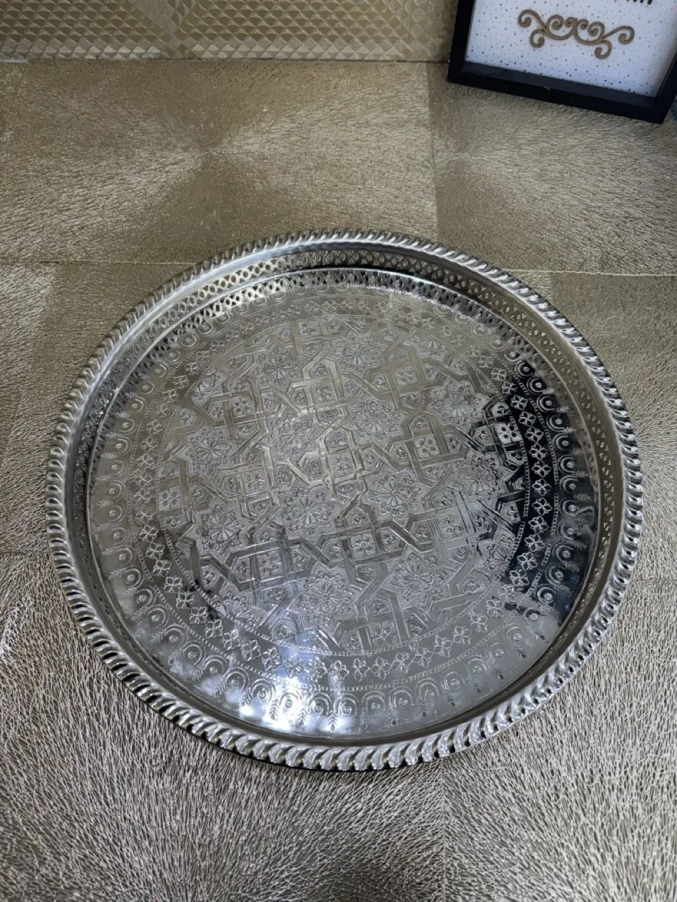 Plateau marocain argenté cuivre grand 42 cm – Image 2