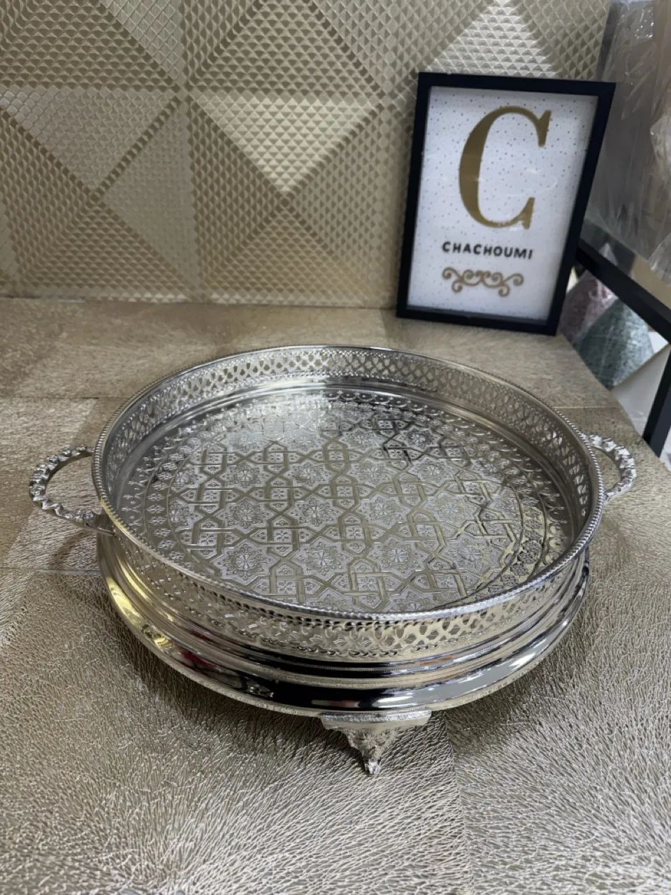 Plateau Sinya marocain argenté cuivre moyen 37,5 cm – Image 1