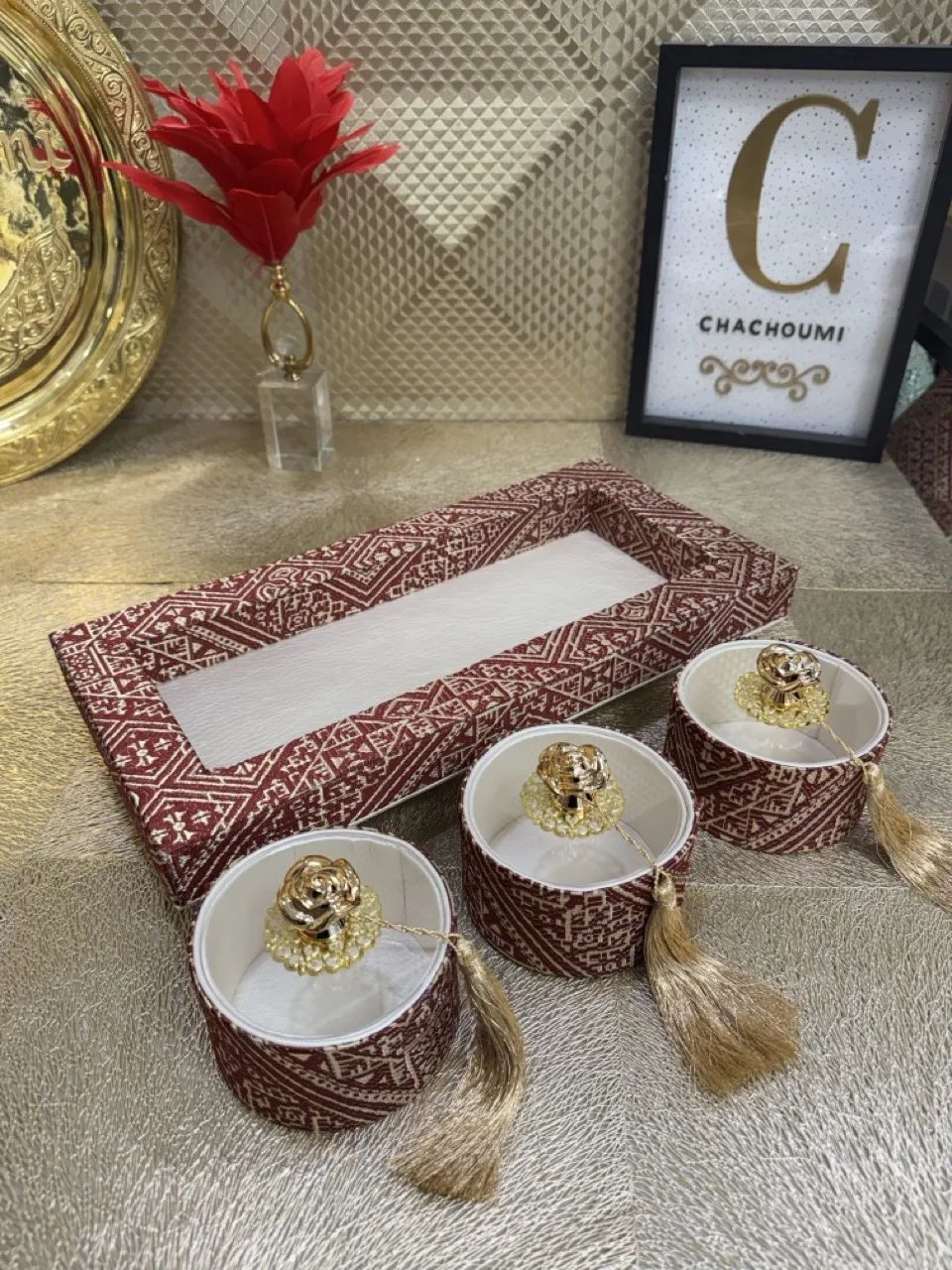 Plateau rectangle 3 boites rondes tarz el fassi rouge – Image 3