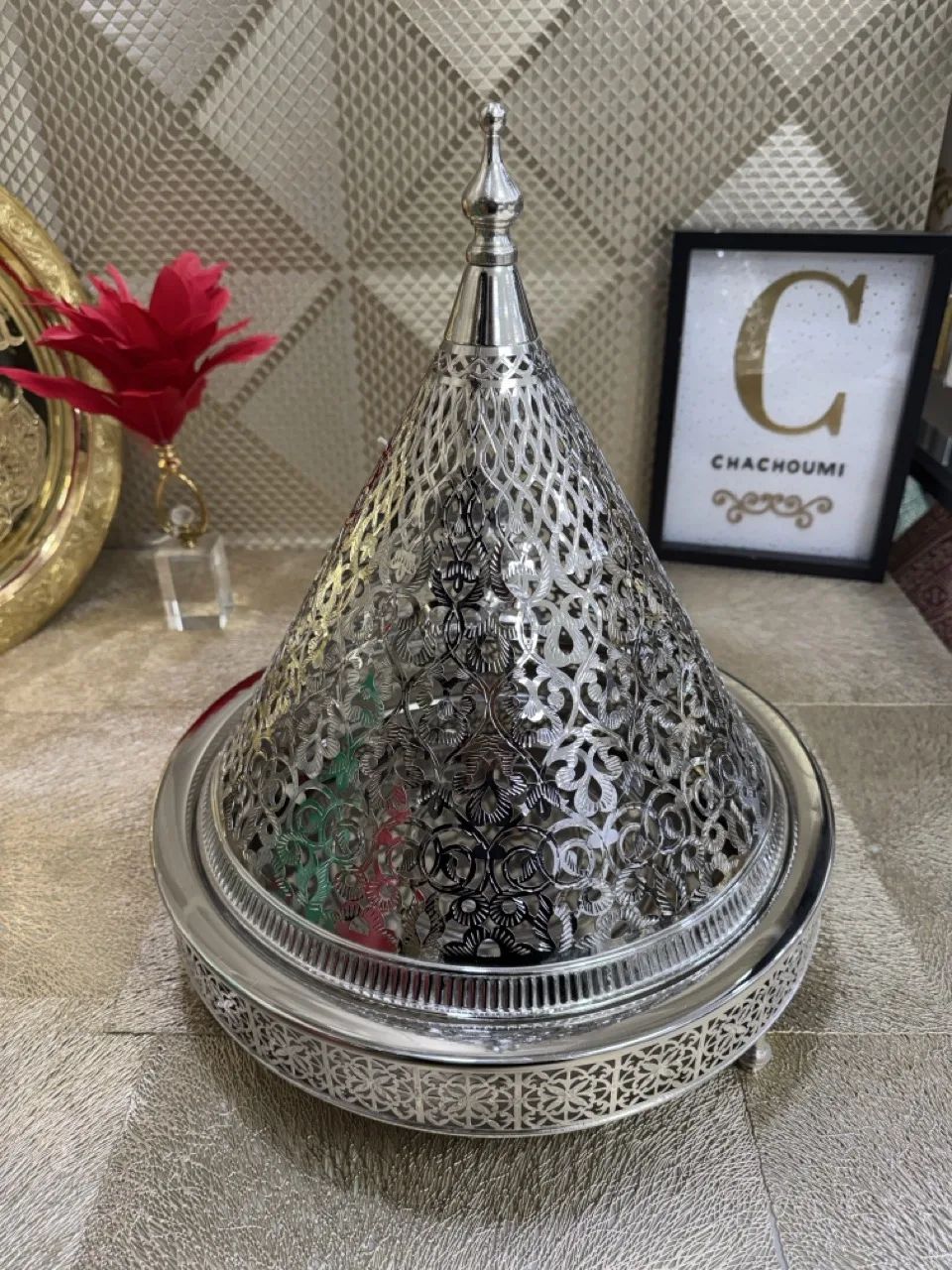 Tayfour ajouré cuivre argenté 37 cm – Image 1