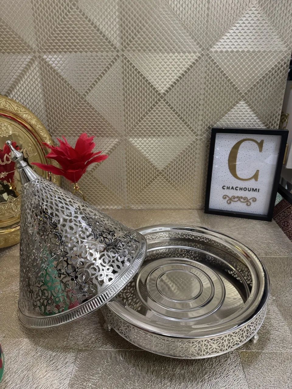 Tayfour ajouré cuivre argenté 37 cm – Image 2