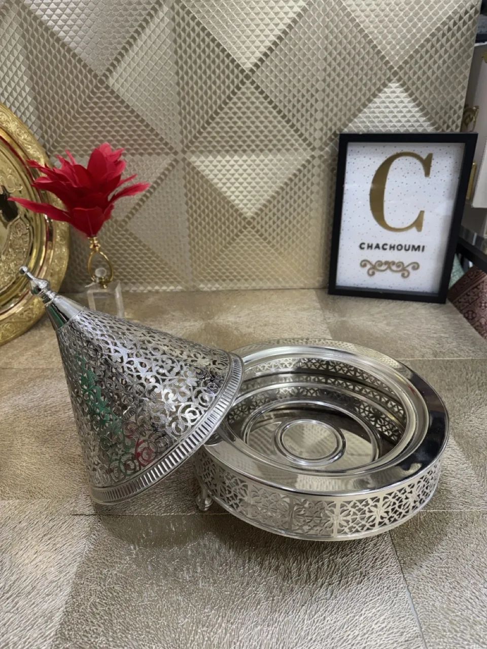 Tayfour ajouré cuivre argenté 28 cm – Image 2