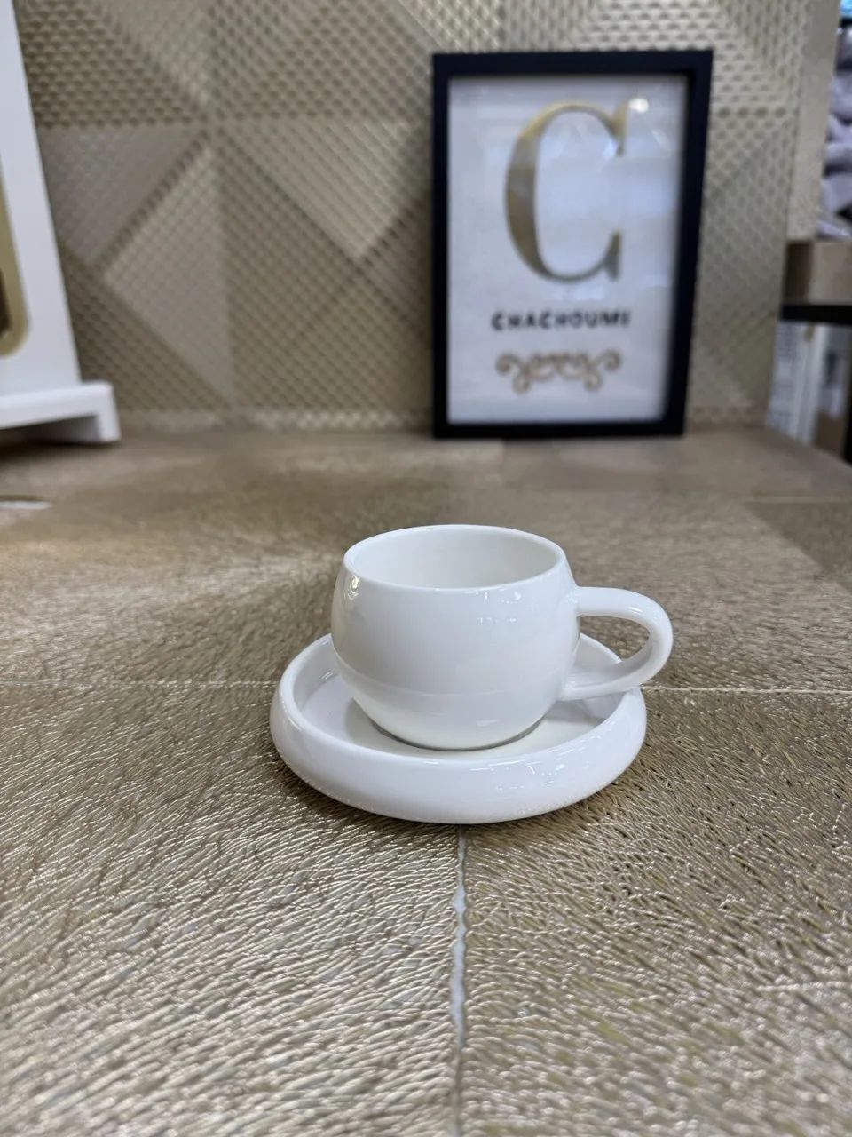 Set 6 tasses et 6 sous tasses boule blanc café exppresso – Image 1