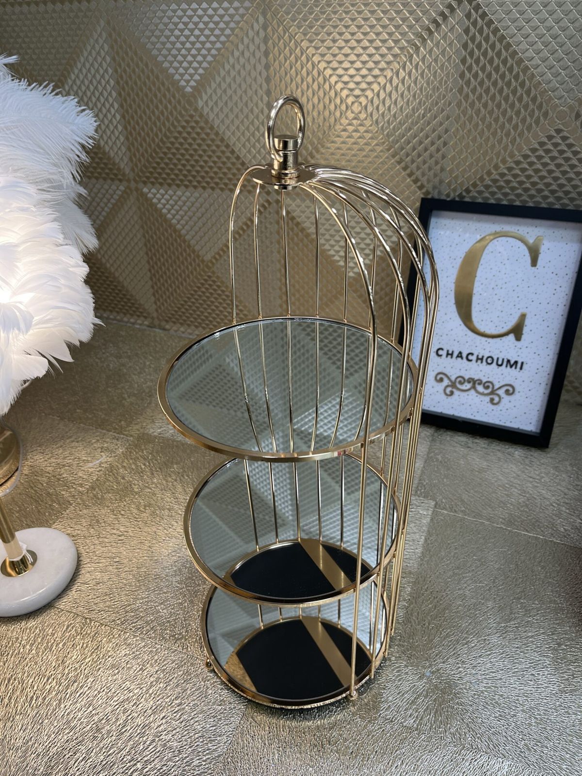 Présentoir Cage 3 Étages Miroir Doré – Image 2