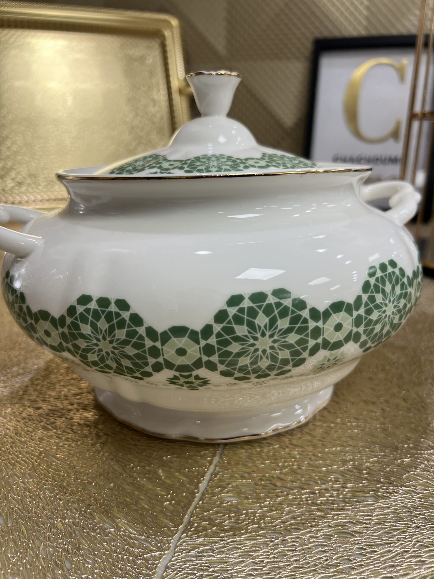 Soupière porcelaine blanc et vert – Image 3