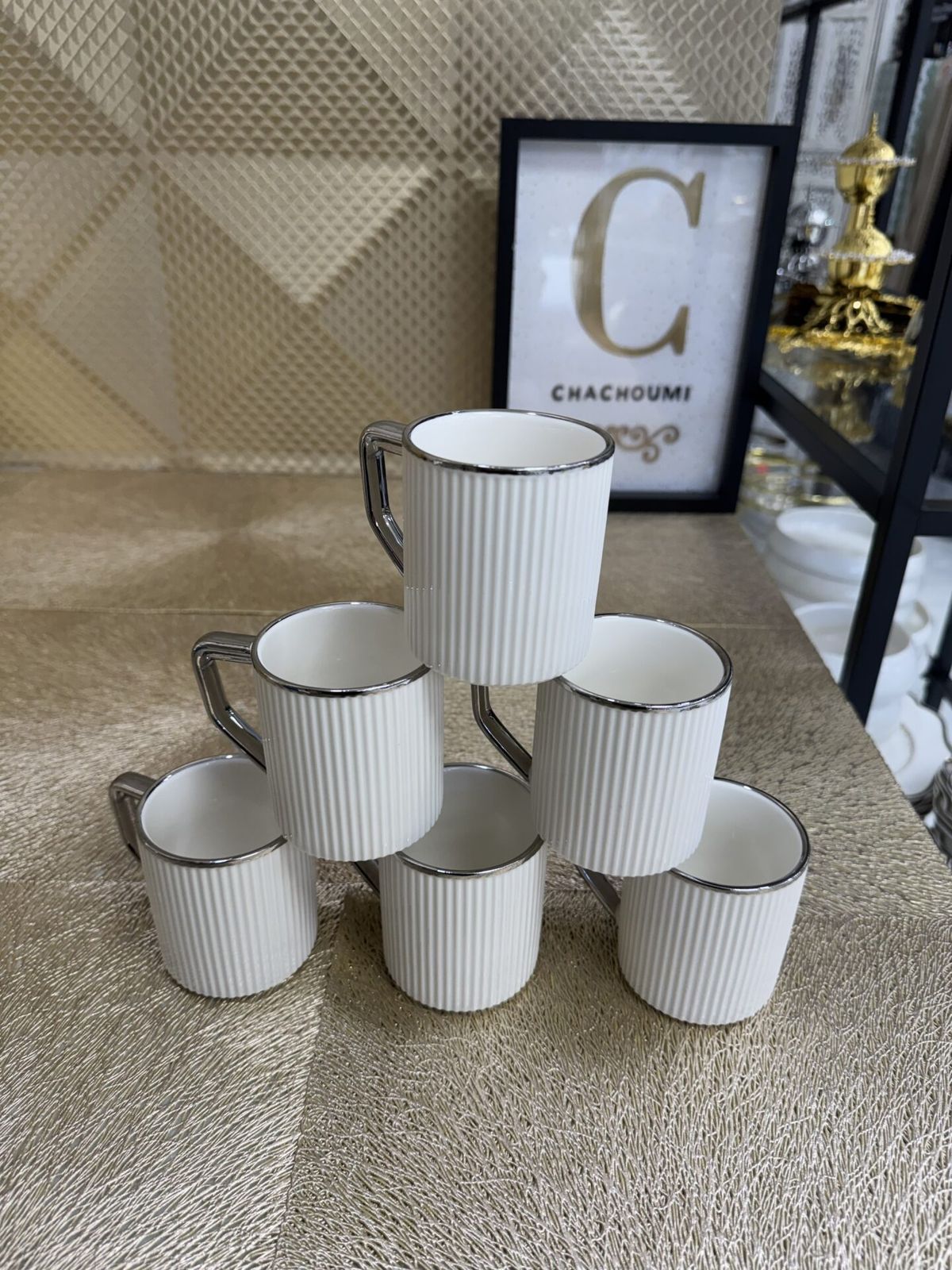 6 Tasses Porcelaine Blanche Argentée – Image 2