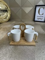 Set 4 tasses porcelaine bois et plateau sous tasses en bois