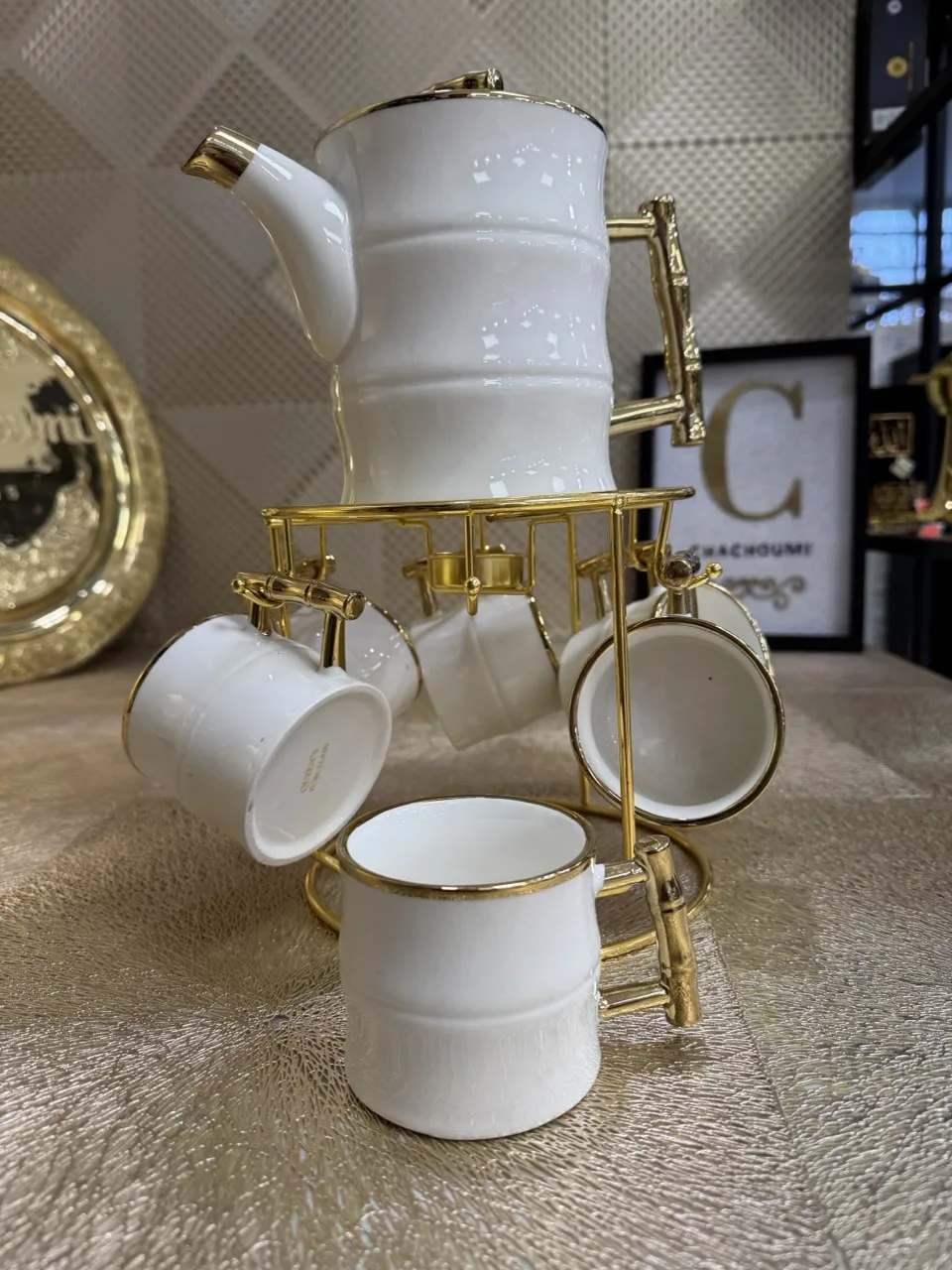 Set café ou thé 8 pièces porcelaine blanc doré – Image 2