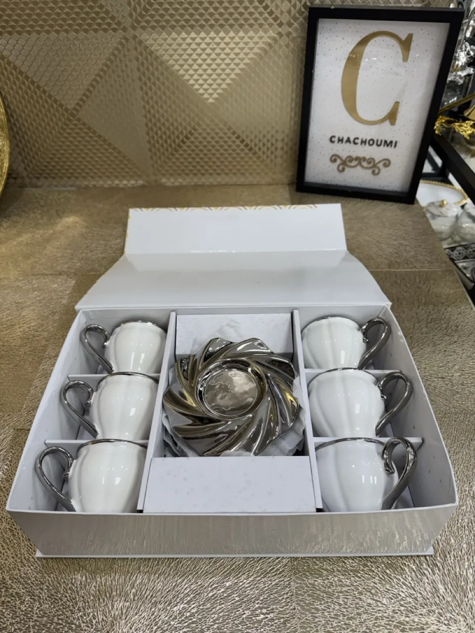 Set 6 tasses et 6 sous tasses vagues argenté porcelaine – Image 2