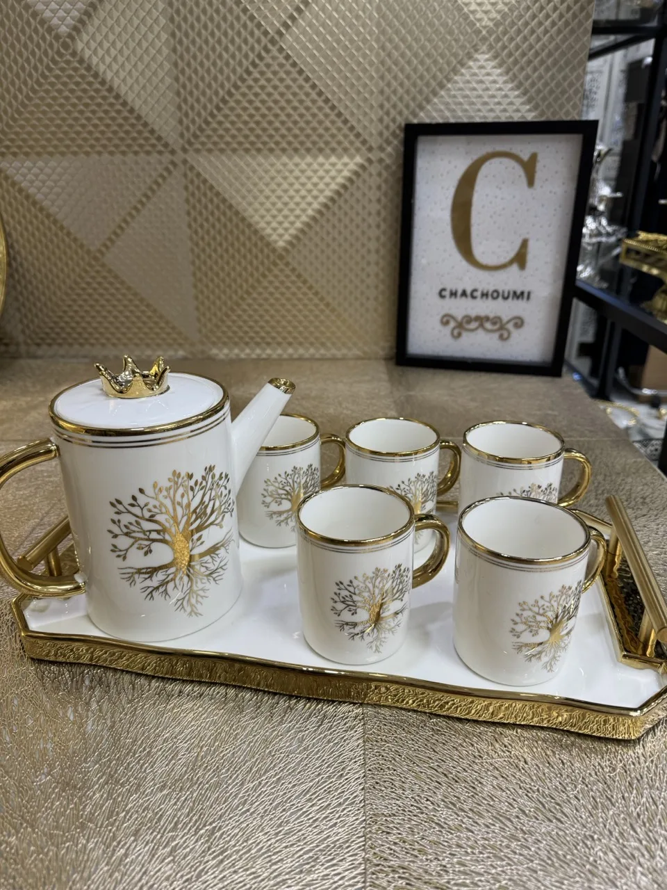Service café ou thé porcelaine blanc doré "arbre"