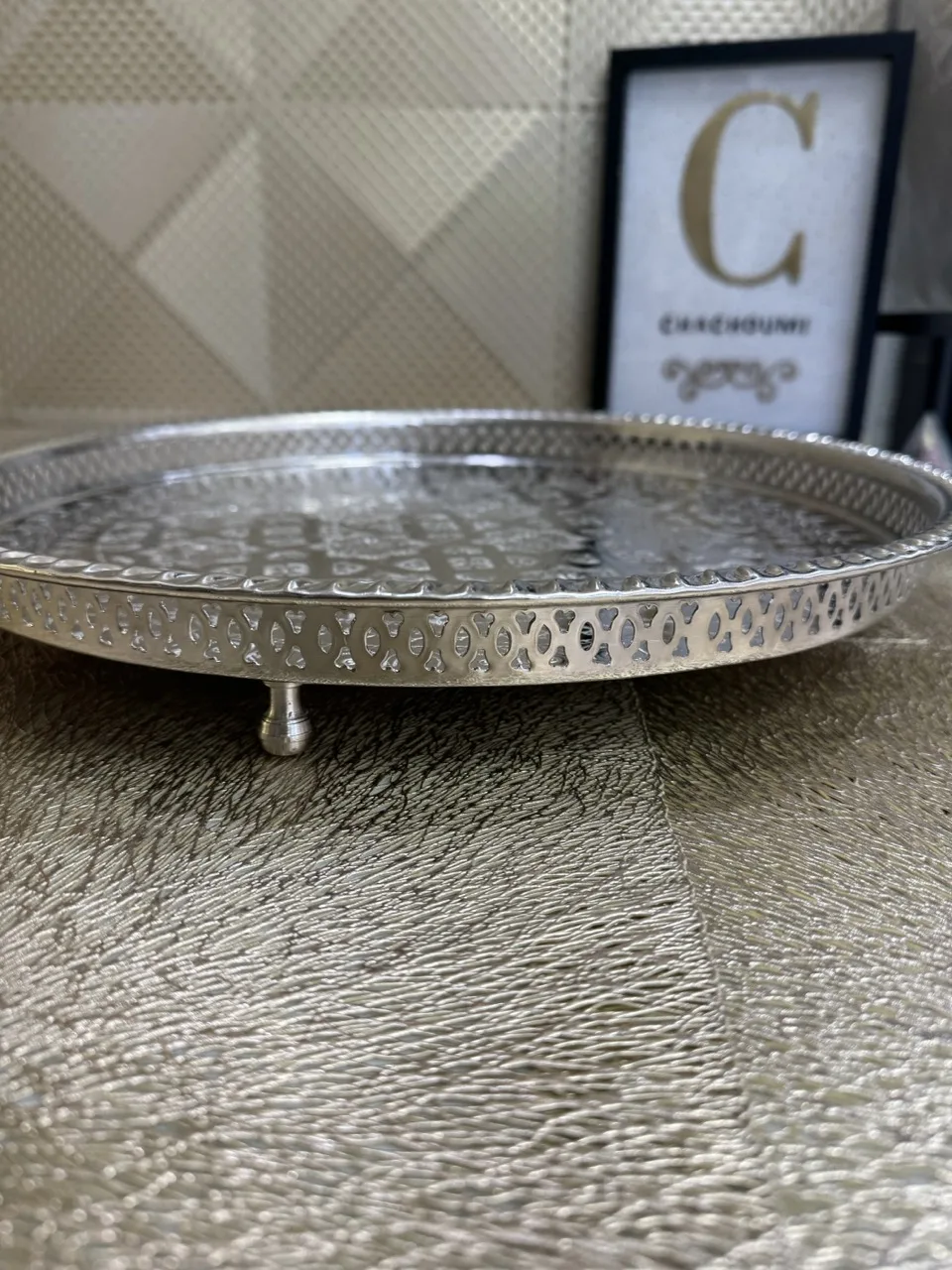 Plateau marocain argenté cuivre grand 42 cm – Image 3