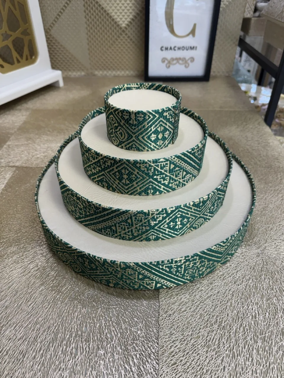 Présentoir de Dattes 4 Niveaux en Tissu Tarz El Fassi vert